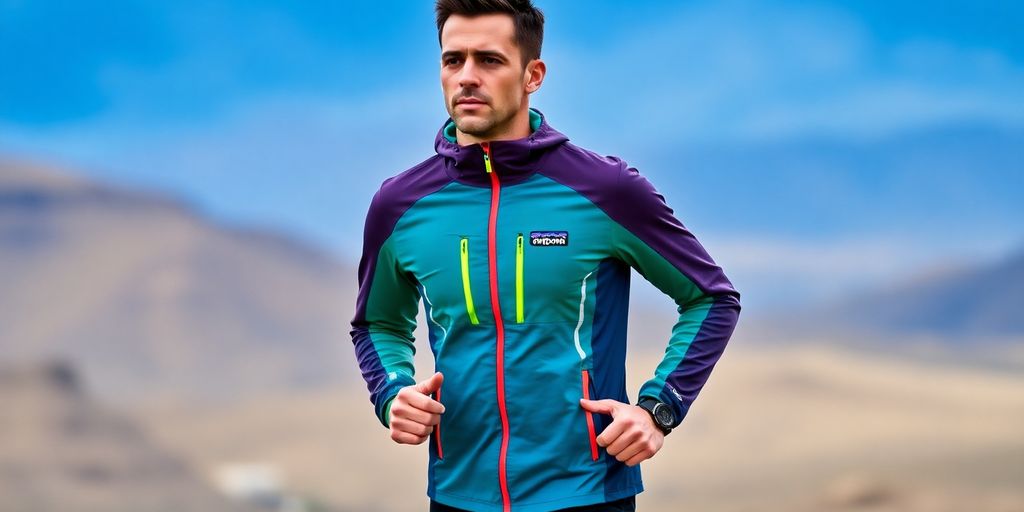 Runner in Patagonia Storm Racer Jacket against a scenic backdrop.