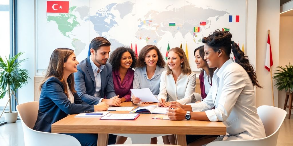 Group discussion on global translation services with maps.