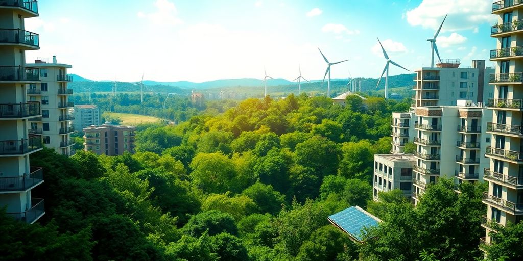 Paisagem verde com edifícios modernos e energia renovável.