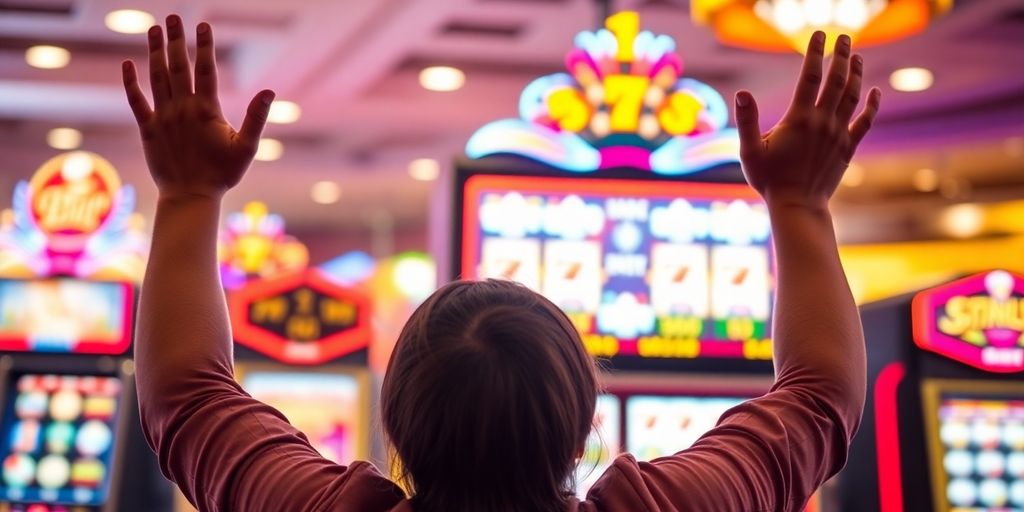 Person with arms raised in excitement, slot machine reels spinning.
