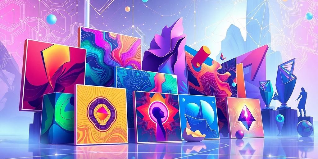 Colorful digital art pieces in a futuristic setting.