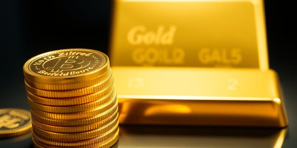 Pièces d'or empilées devant un lingot.