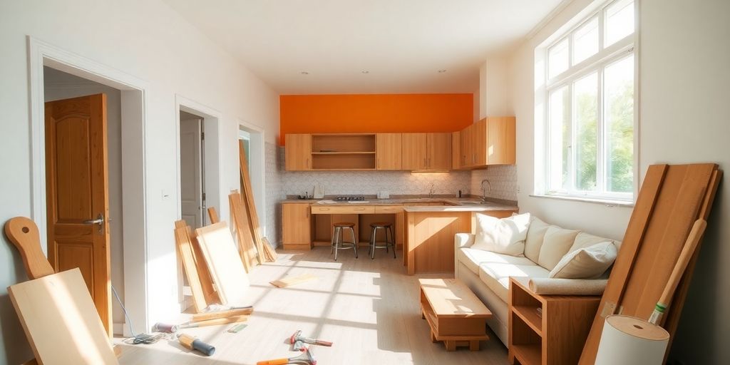 Home renovation scene with tools and materials in sunlight.