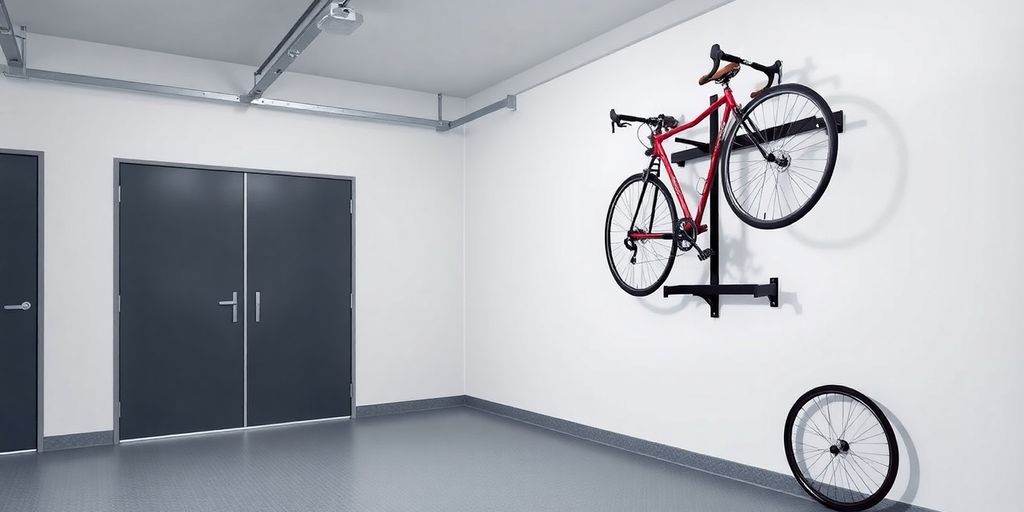 Wall-mounted bike rack with two bicycles in a garage.