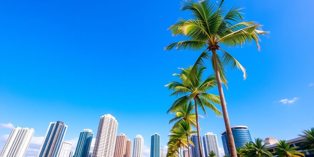 Vista da cidade de Miami com arranha-céus e palmeiras.