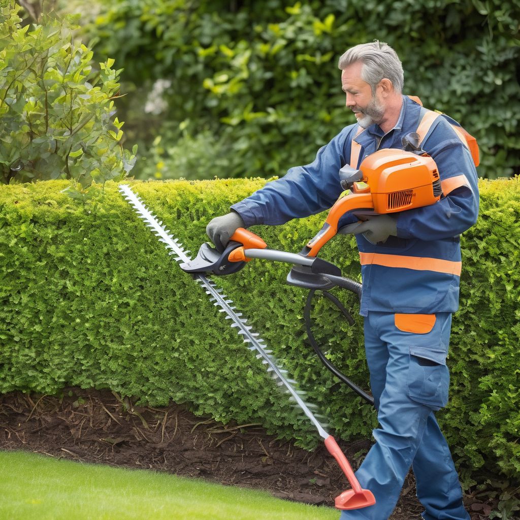 gardener using hedge trimmer with safety gear in a garden