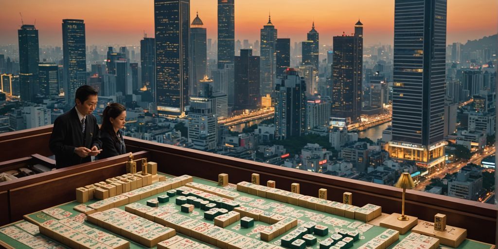 Mahjong game with detailed tiles in a modern city