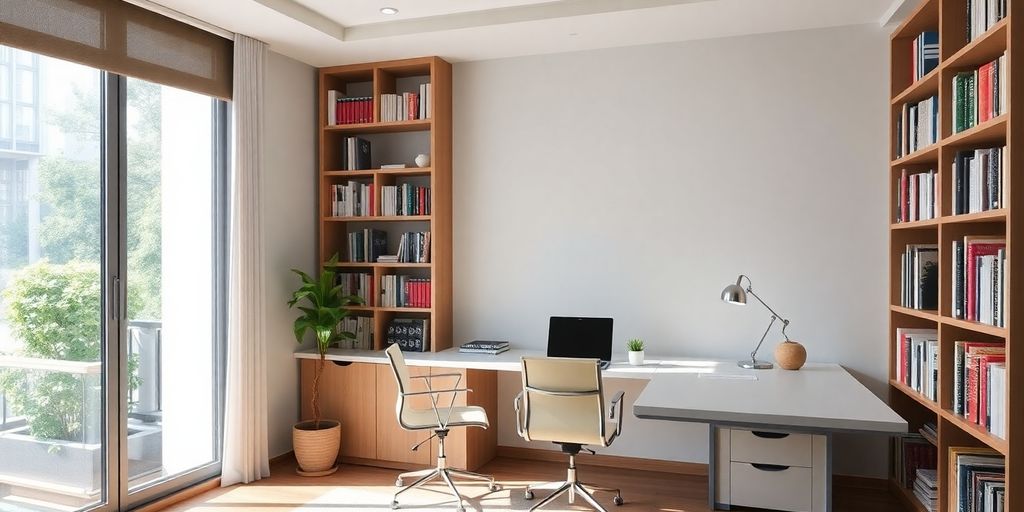Cozy study room with modern desk and natural light.