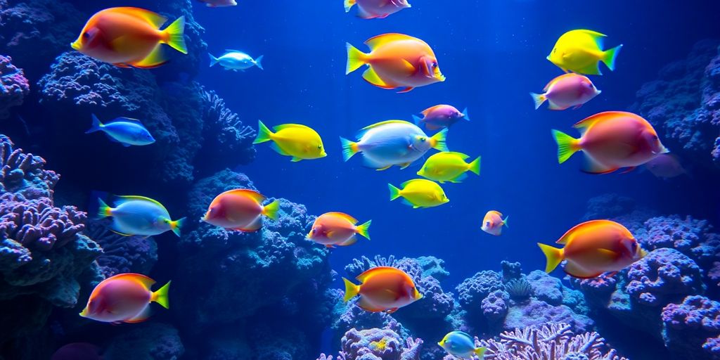 Peces de agua salada coloridos nadando en un acuario de arrecife de coral.