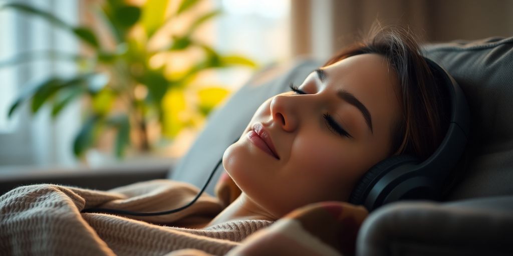Person relaxing, headphones, soft light, nature.