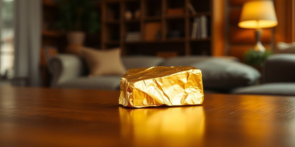Lingot d'or sur une surface en bois.