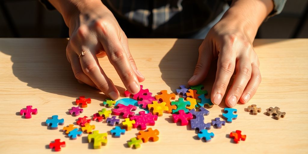Hands solving colorful jigsaw puzzle pieces on desk.