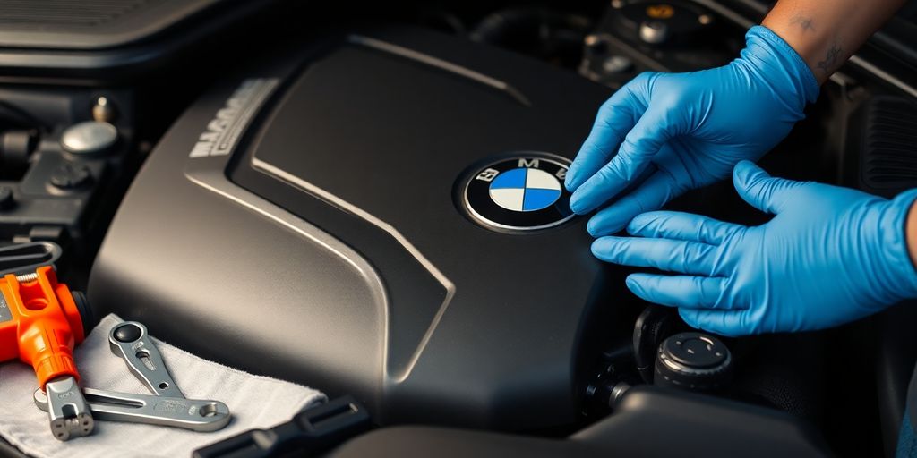 BMW car getting serviced by a mechanic.