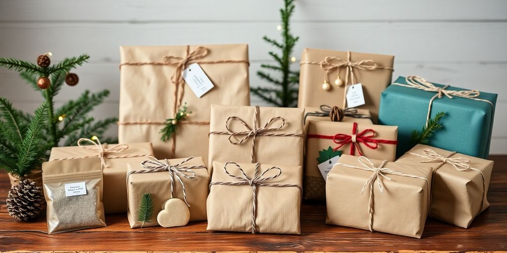 Eco-friendly Christmas gifts on a rustic wooden table.