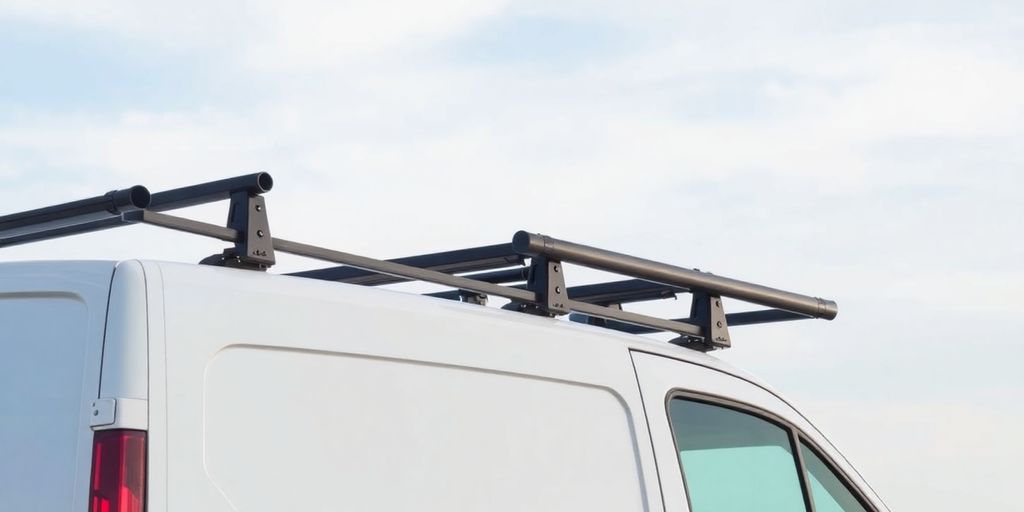Van with roof rack driving on a road.