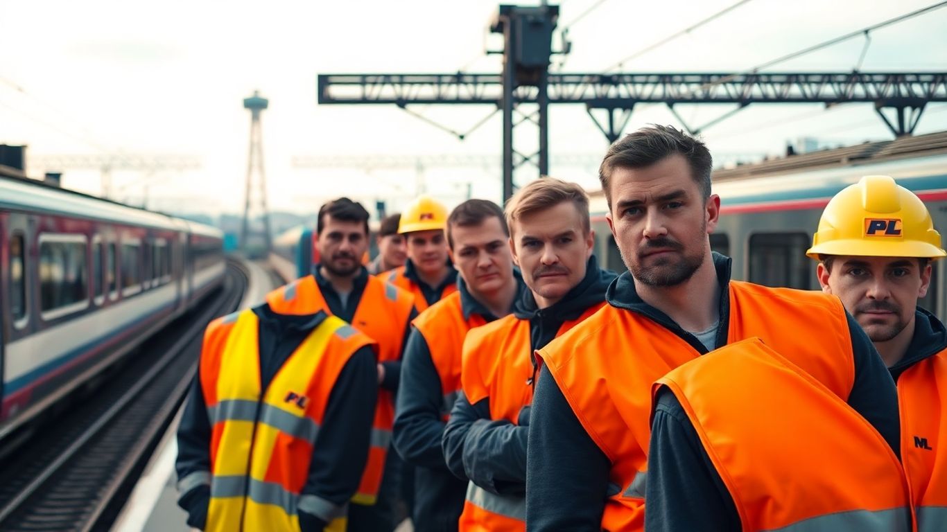 Cheminots en gilets fluorescents devant trains immobiles, ciel gris matinal.