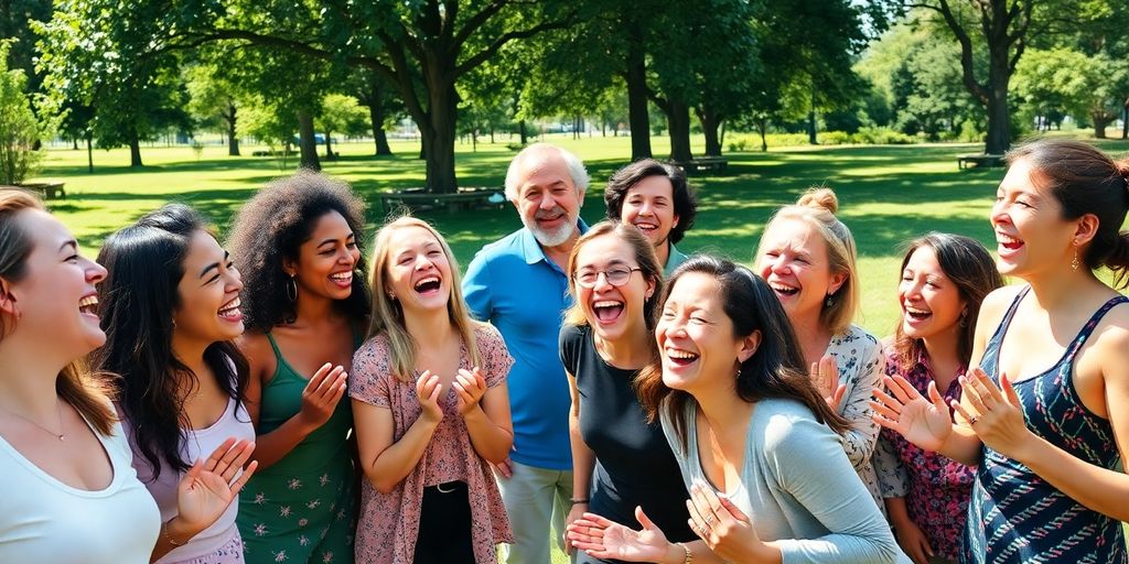 Groep mensen die samen lachen in een park.