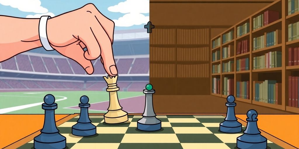 An athlete's hand and a scholar's hand playing chess.