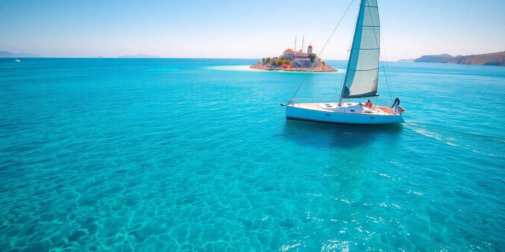 Sailboat navigating clear blue Aegean waters