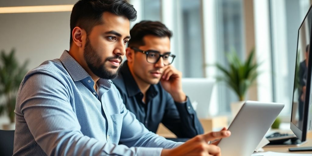 Emprendedor latino trabajando con determinación.