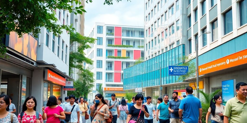 Modern healthcare facility in vibrant Singapore cityscape.