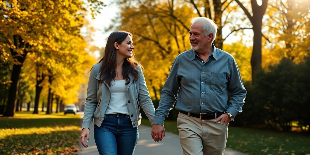 Couple holding hands, walking in a park