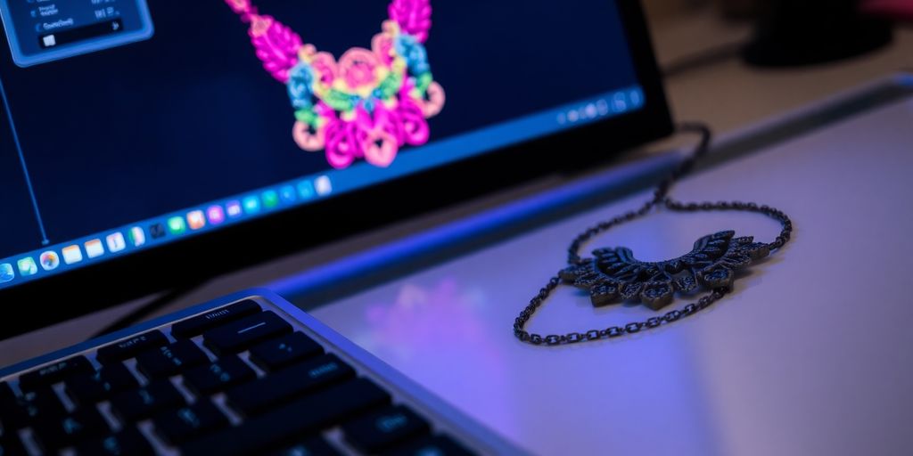 Digital jewelry design on screen, finished necklace