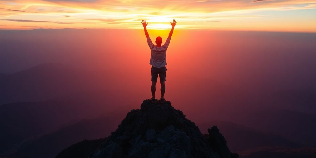 Een zelfverzekerd persoon op een bergtop met armen omhoog.