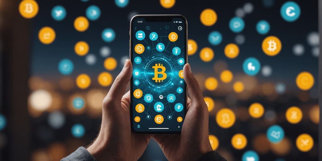 Investor with smartphone, crypto icons, and bonus symbols.