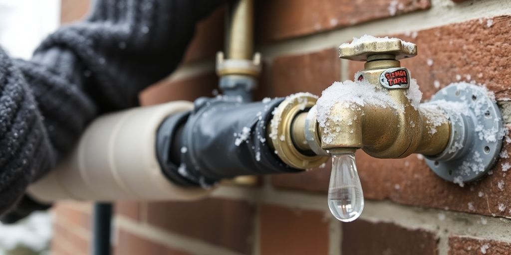 Homeowner insulating outdoor water pipes against freezing temperatures.