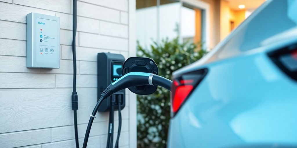 Electric vehicle charging at home with modern electrical setup.