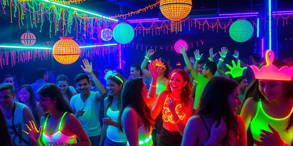 People dancing at a lively glow in the dark party.