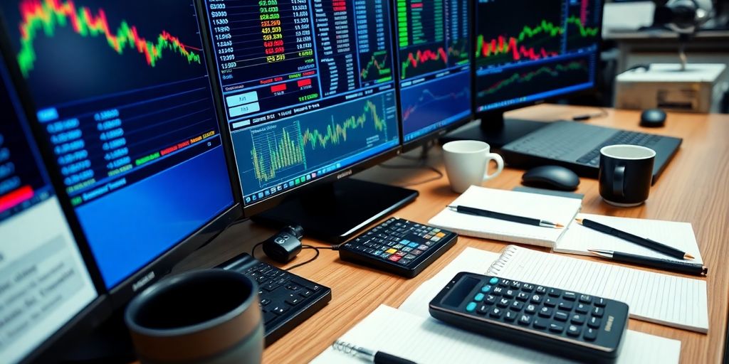 A trading desk with monitors, calculator, and notepads.