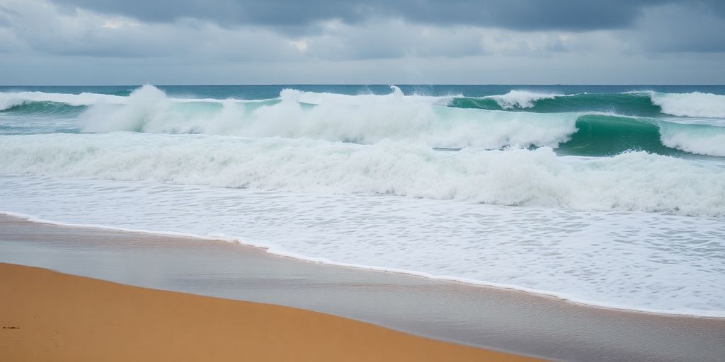 Vagues déferlantes sur une plage déserte.