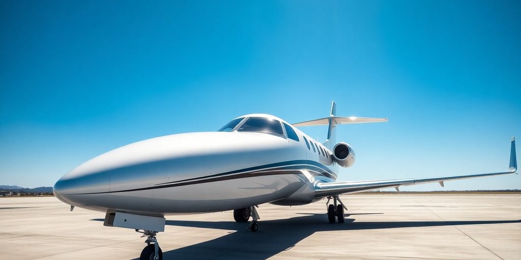Sleek private jet parked on a tarmac.