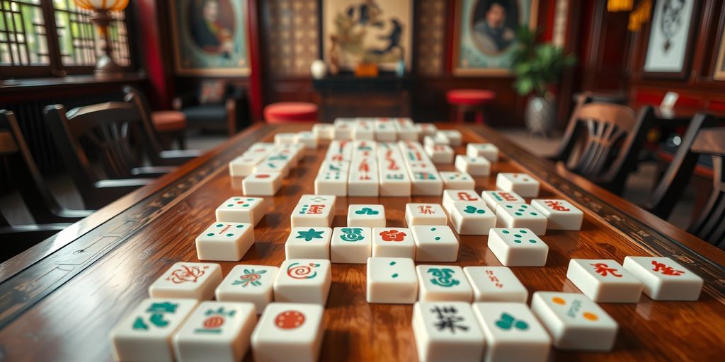 Mahjong game with 13 tiles on a wooden table.