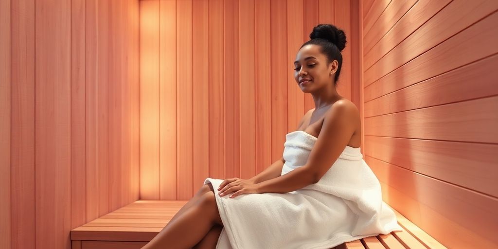 A person relaxing inside a wooden infrared sauna.