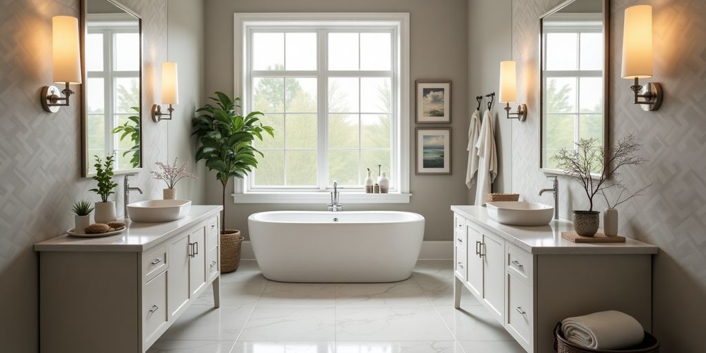 Elegant bathroom with modern fixtures and soft lighting.