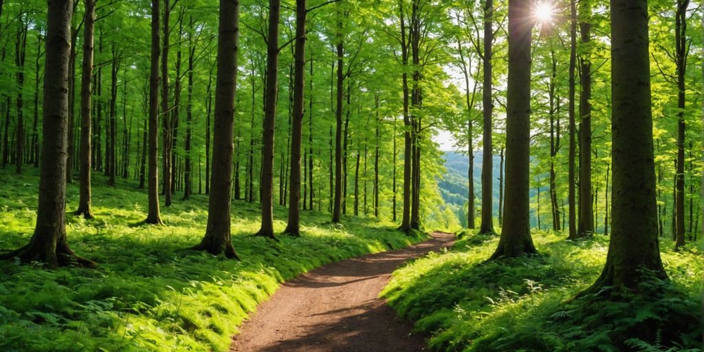 Forest trail in Ballinastoe Woods with sunlight and trees