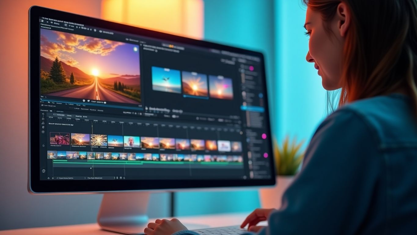 Person scheduling video posts on a computer.