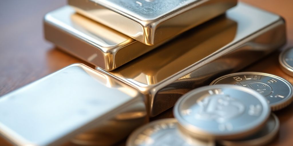 Lingots et pièces d'argent brillants, empilés