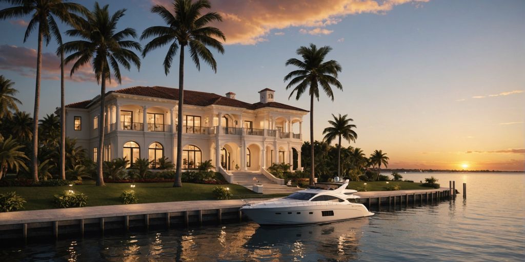 Luxurious waterfront mansion in Florida at sunset.