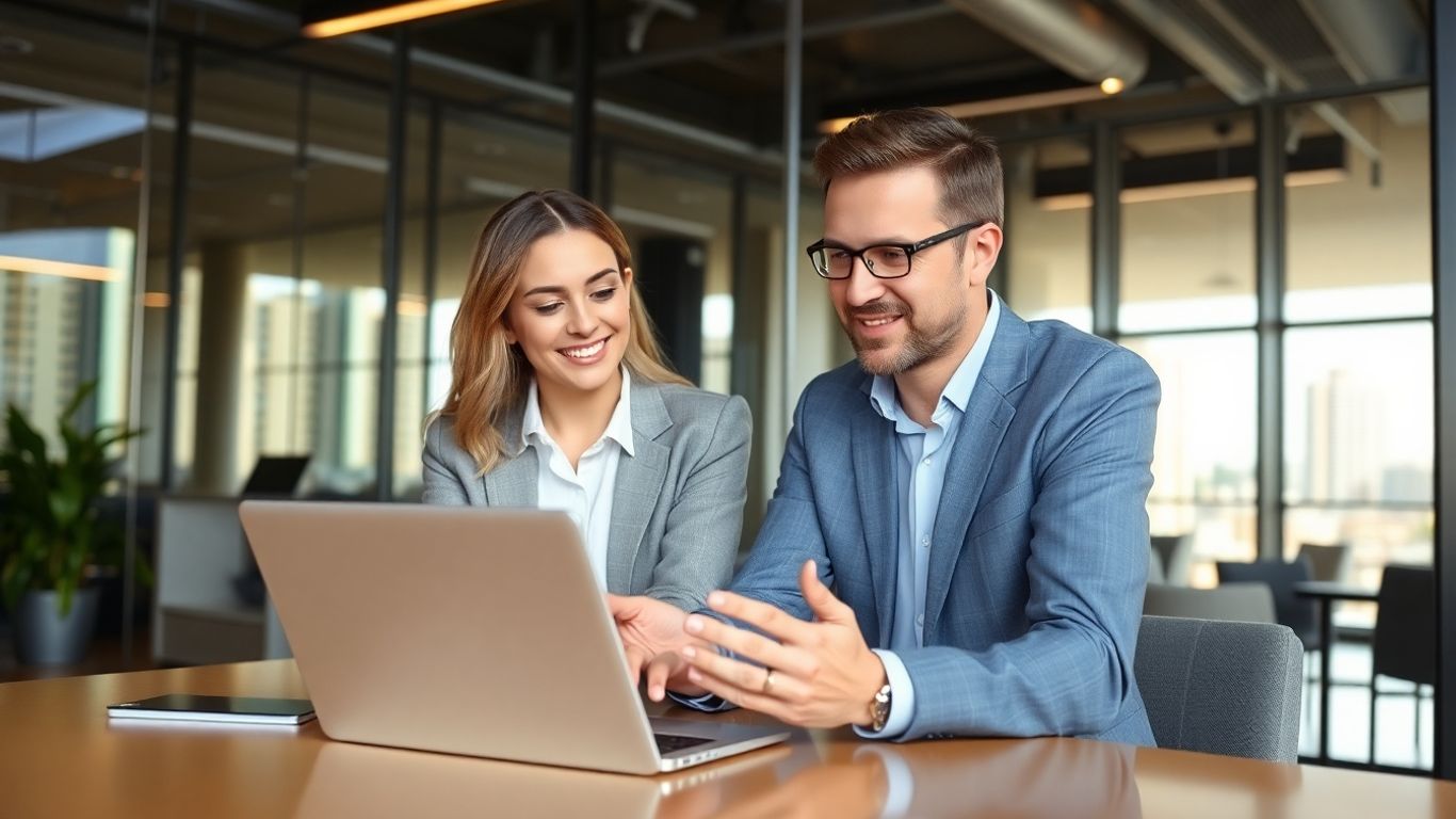 Two people meeting in office with city view