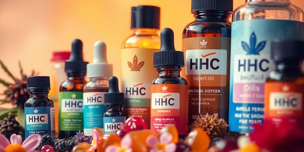 Produse HHC variate și colorate pe un fundal estetic.