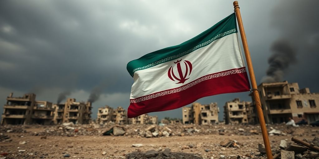 Drapeau iranien, ruines, fumée
