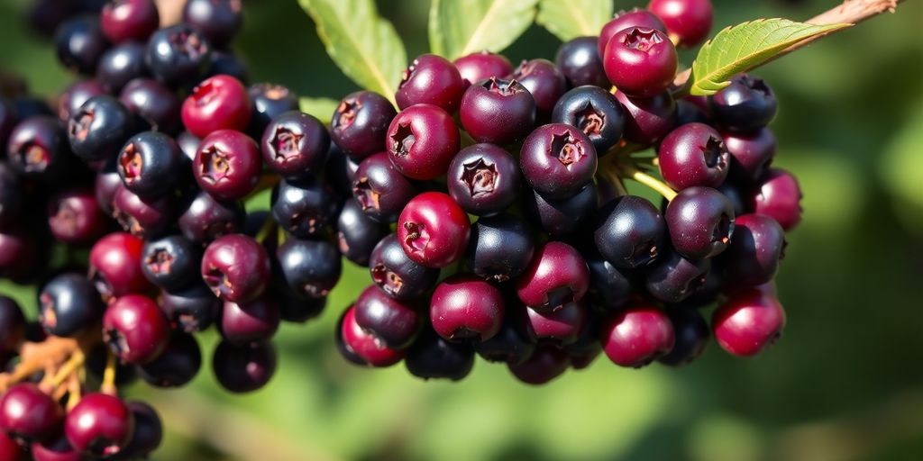 Dark purple elderberries clustered on a branch.
