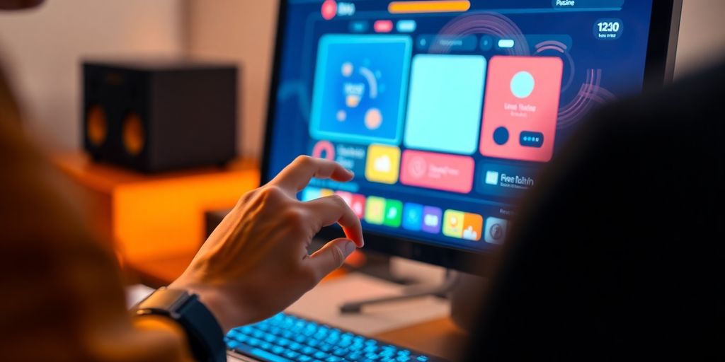 Person interacting with computer screen displaying creative design.
