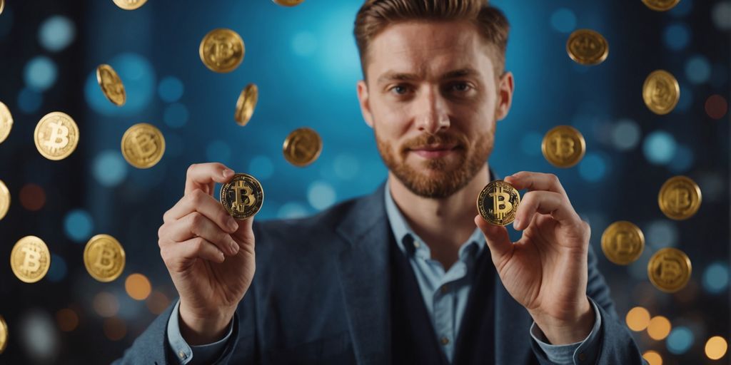 Person with crypto coins and bonus icons