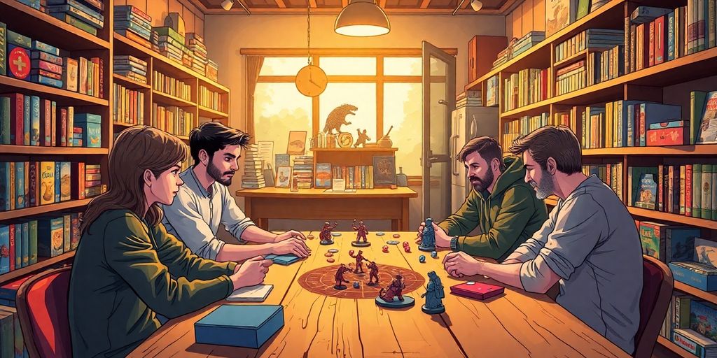 People playing a tabletop game inside a cozy game store.