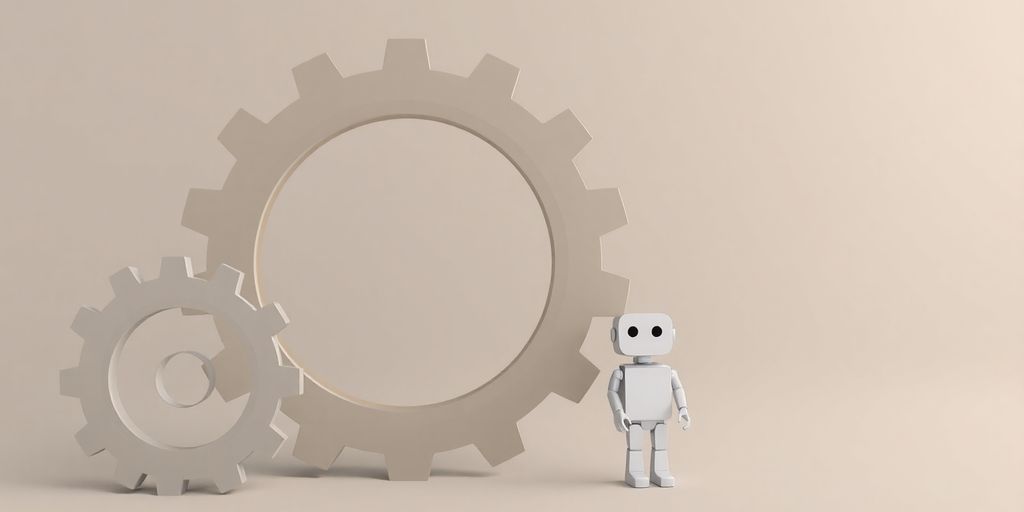Minimalistic gears, robot, thought bubble.
